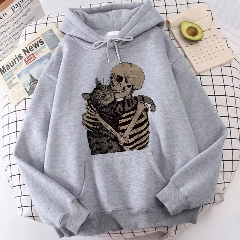 Cozy Fall Hoodie with Funky Skull and Cat Print