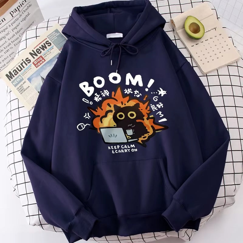 Funny Cat Print Pocket Hoodie