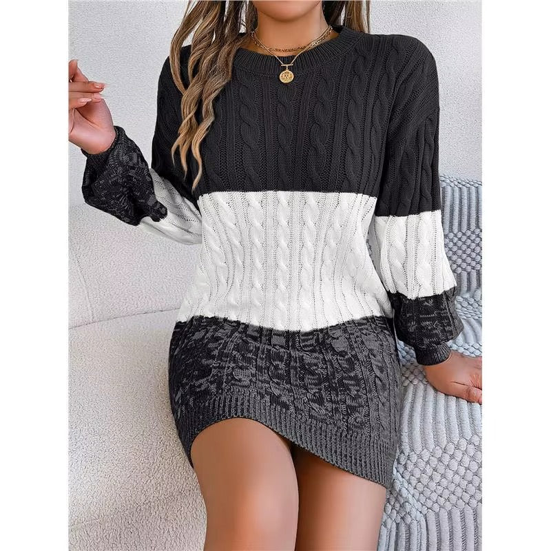 Woman Lantern Sleeve Casual Color Block Sweater Dress