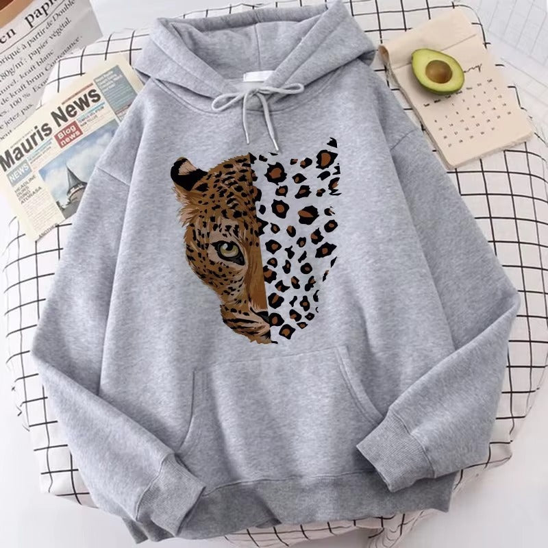 Cozy Wild Style Leopard Print Hoodie for Women - Unisex Autumn Essential