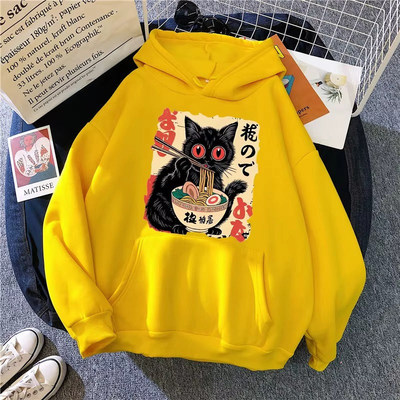 Vintage Japanese Black Cat Eating Ramen Hoodie
