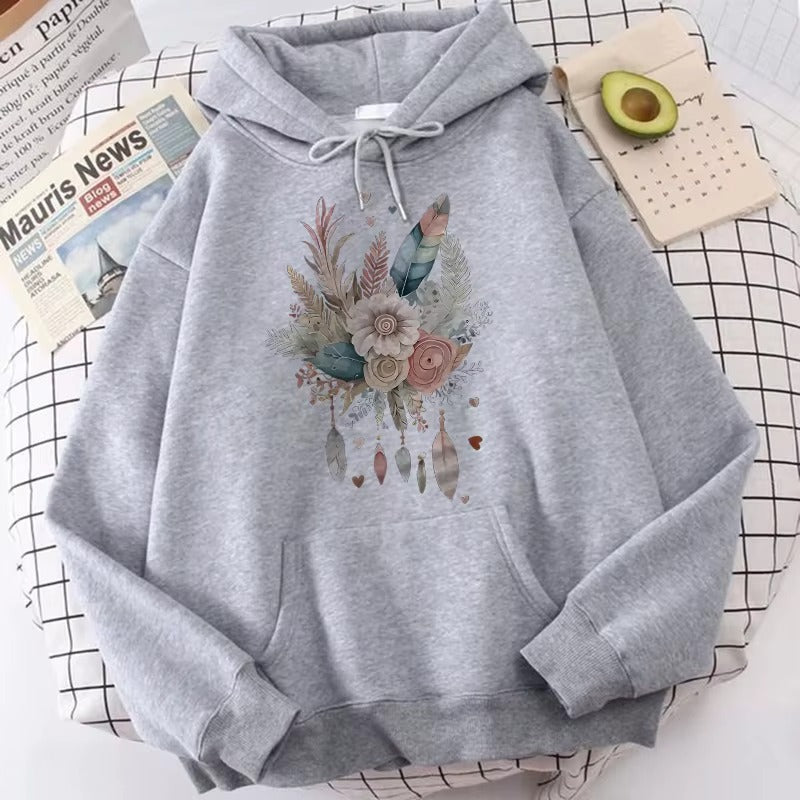 Women's Art Flower & Feather Print Hoodie