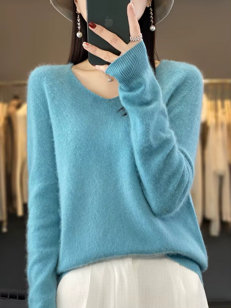 Women's V-Neck Wool Cashmere Blend Sweater