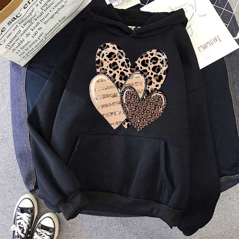 Women's Leopard and Glitter Heart Graphic Print Hoodie