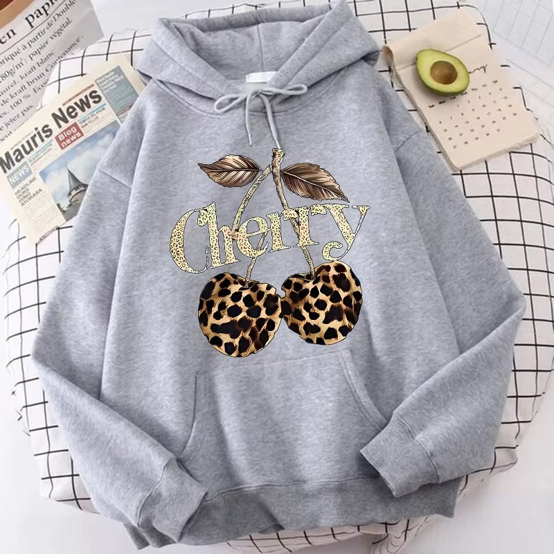 Playful Leopard & Cherry Print Women's Hoodie