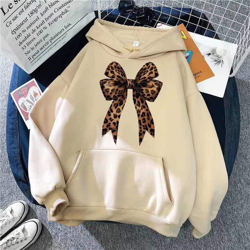 Casual Pullover Hoodie with Funny Bow & Heart Pattern on Leopard Print