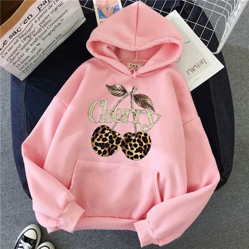 Playful Leopard & Cherry Print Women's Hoodie