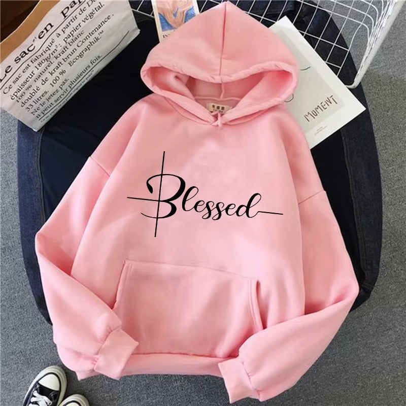 Women's Casual Hoodie with Blessed Letter Print
