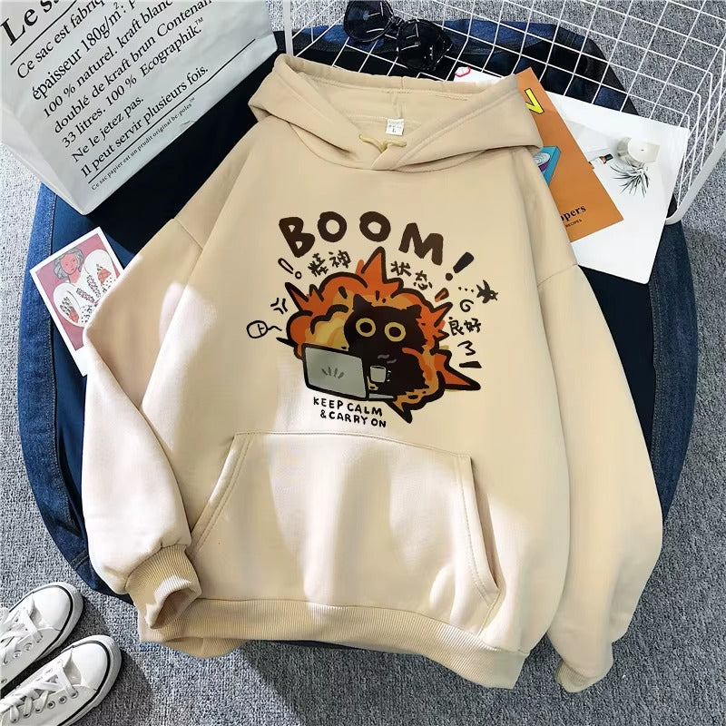 Funny Cat Print Pocket Hoodie