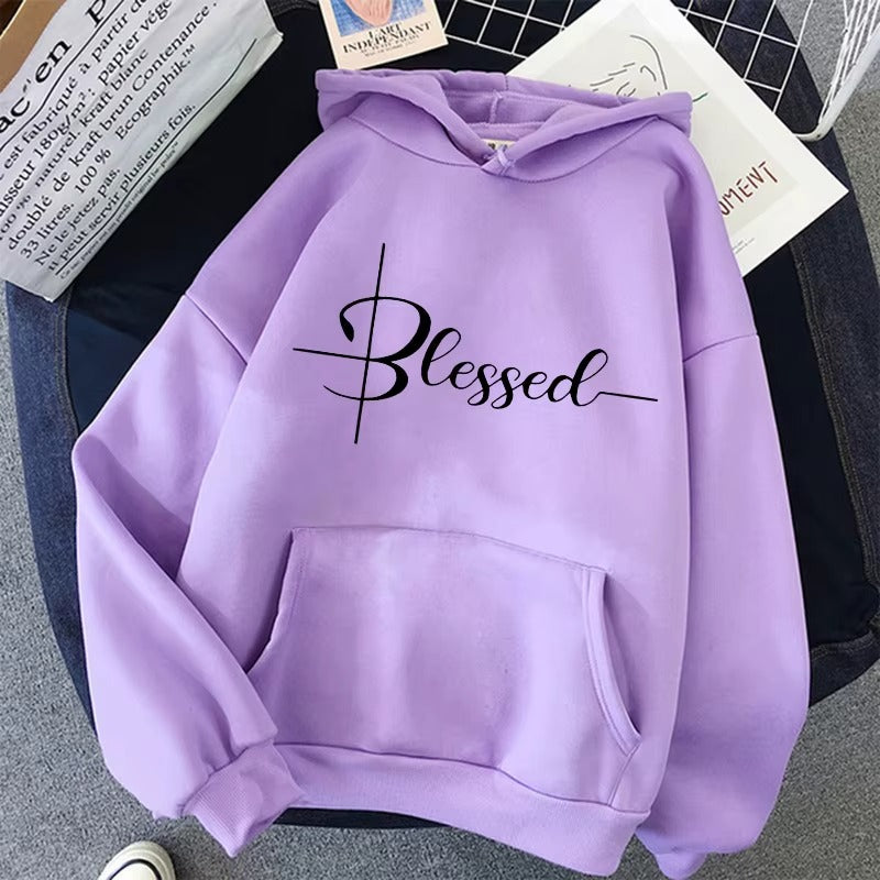 Women's Casual Hoodie with Blessed Letter Print
