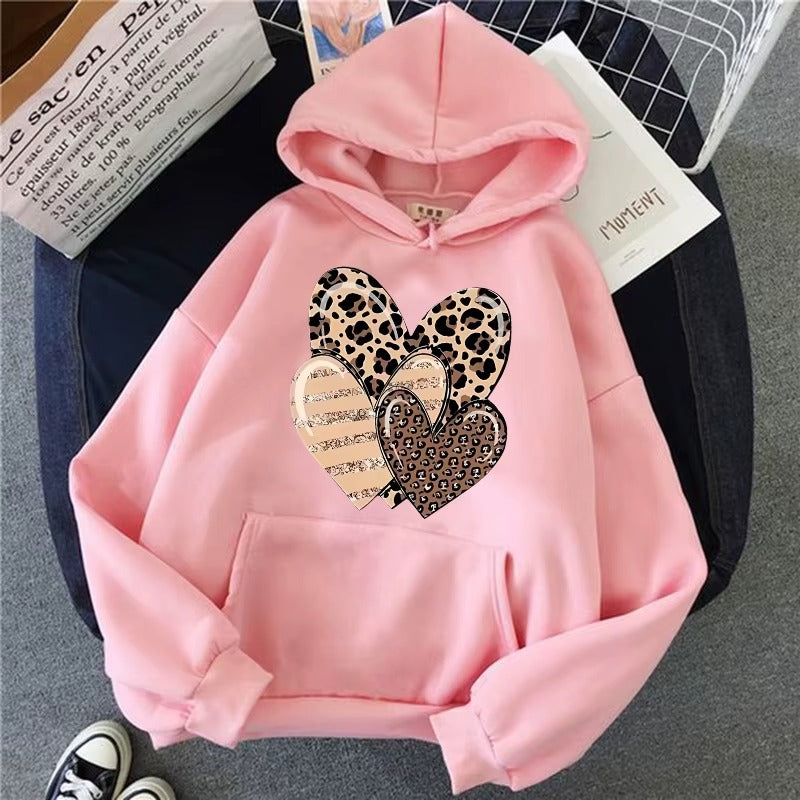Women's Leopard and Glitter Heart Graphic Print Hoodie