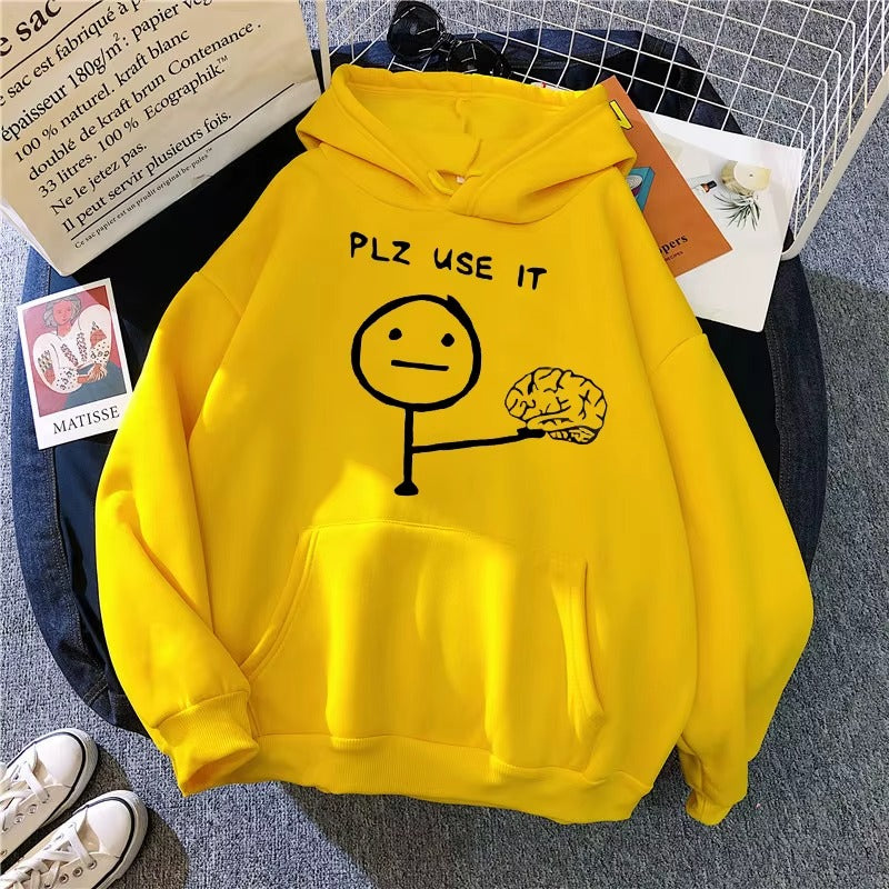 Casual Unisex Hoodie with "PLZ USE IT" Print