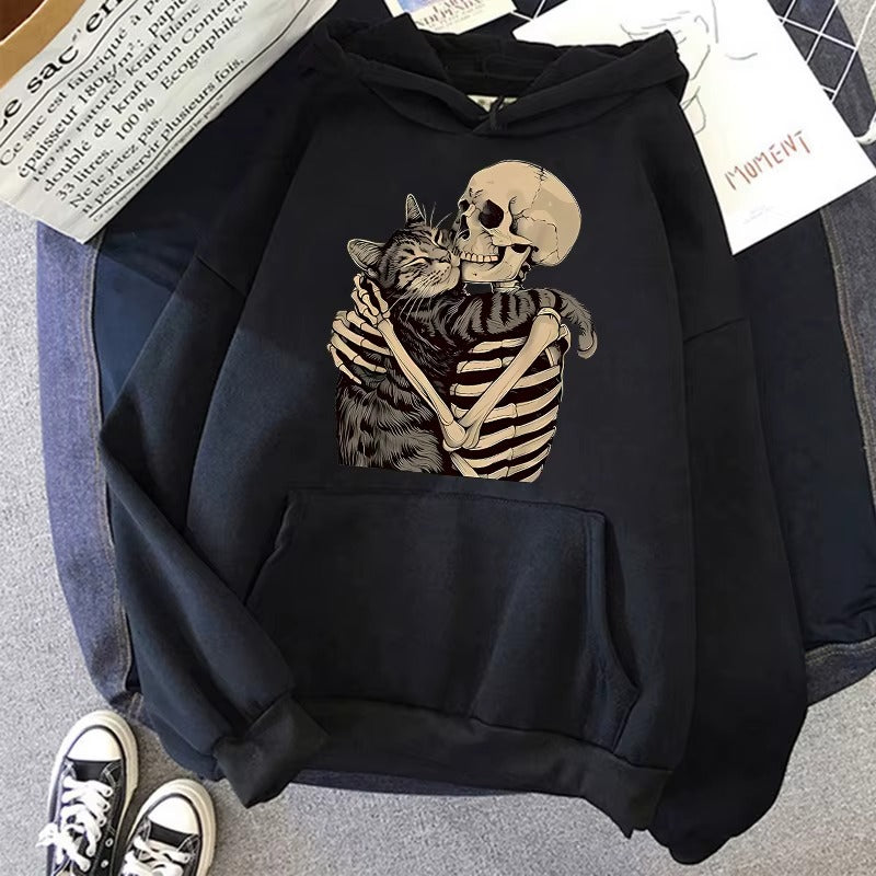 Cozy Fall Hoodie with Funky Skull and Cat Print