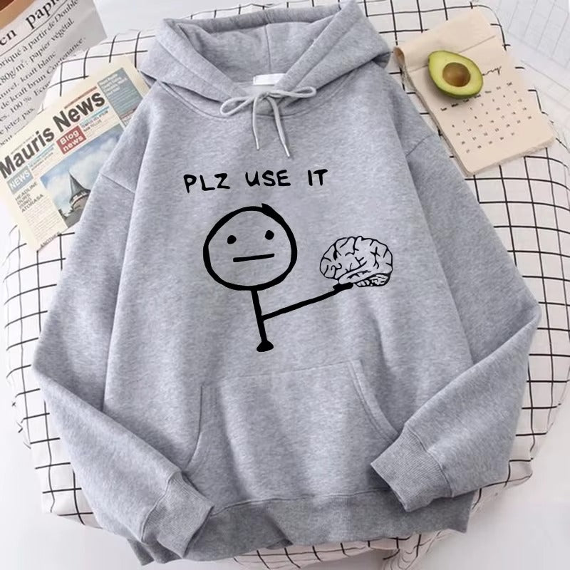 Casual Unisex Hoodie with "PLZ USE IT" Print