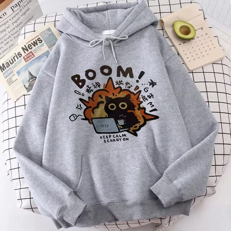 Funny Cat Print Pocket Hoodie