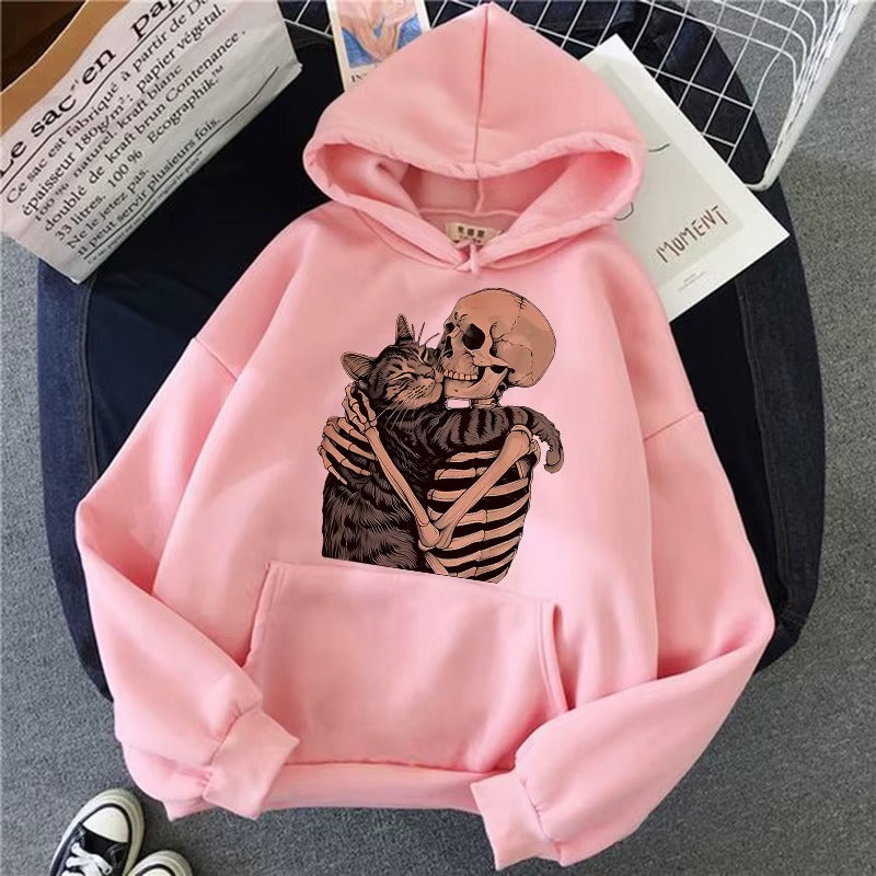Cozy Fall Hoodie with Funky Skull and Cat Print