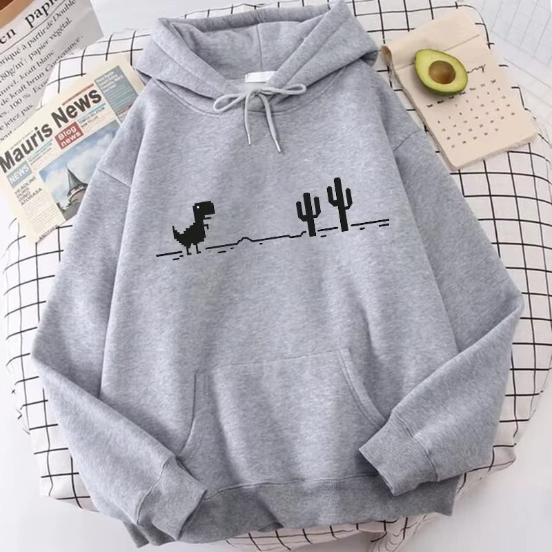 Retro Dinosaur Cactus Pullover Hoodie