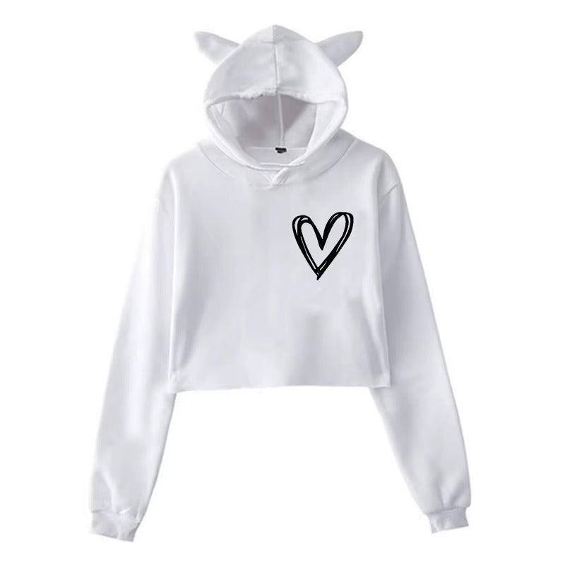 Cat Ear Cropped Hoodie with Cute Heart Print