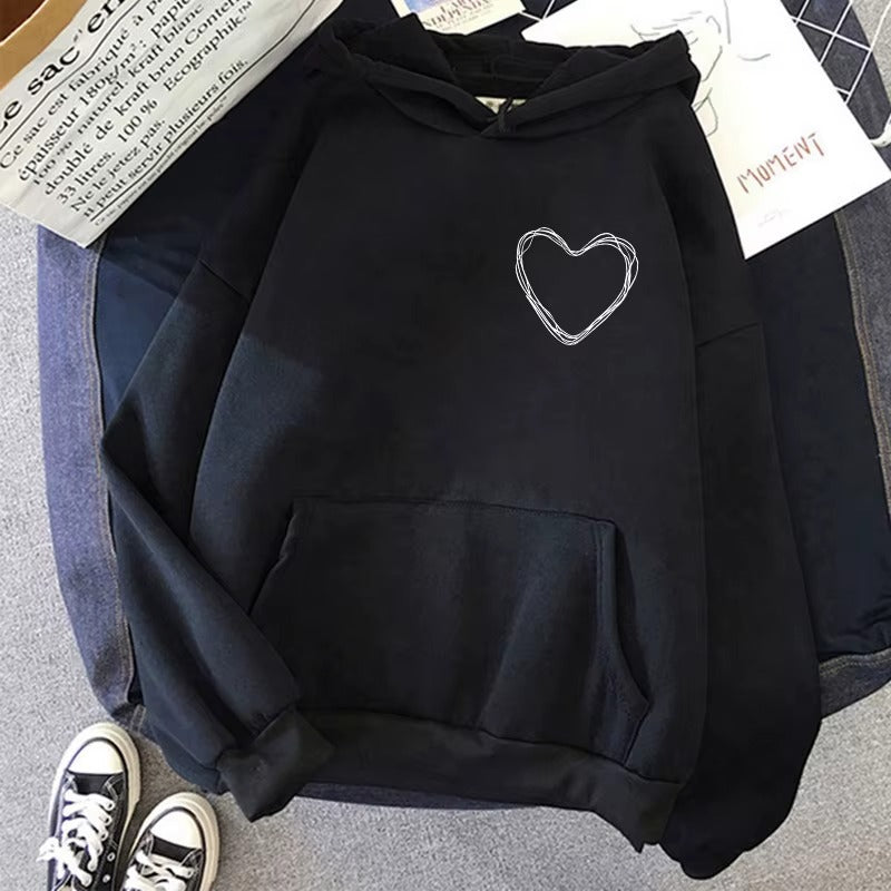 Women's Casual Hoodie with Kangaroo Pocket & Simple Heart Print