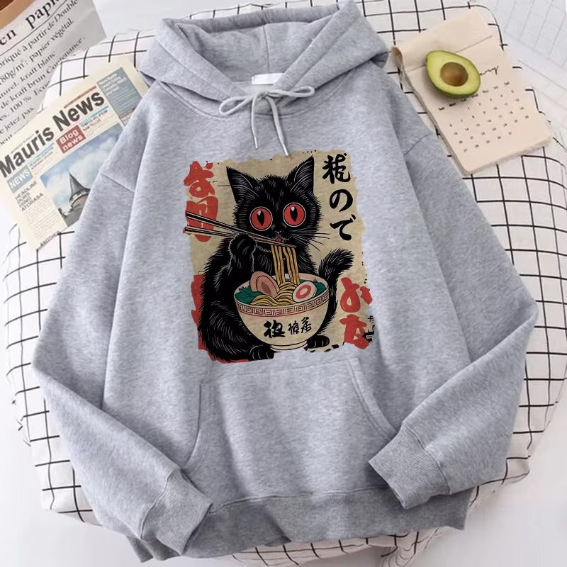 Vintage Japanese Black Cat Eating Ramen Hoodie
