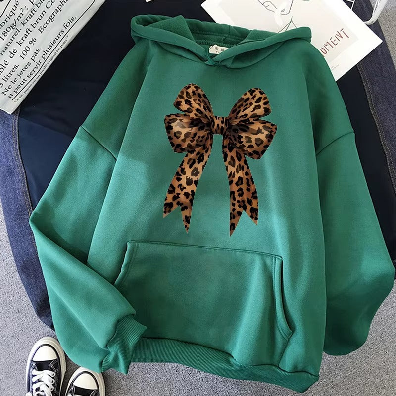 Casual Pullover Hoodie with Funny Bow & Heart Pattern on Leopard Print