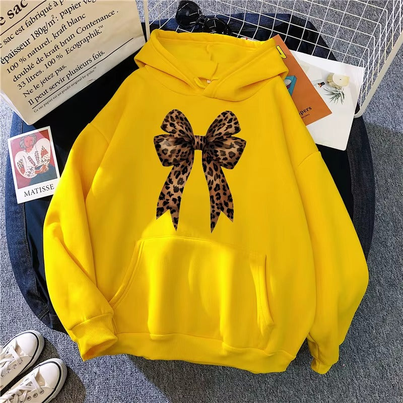 Casual Pullover Hoodie with Funny Bow & Heart Pattern on Leopard Print