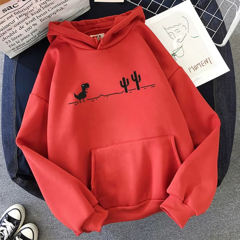 Retro Dinosaur Cactus Pullover Hoodie