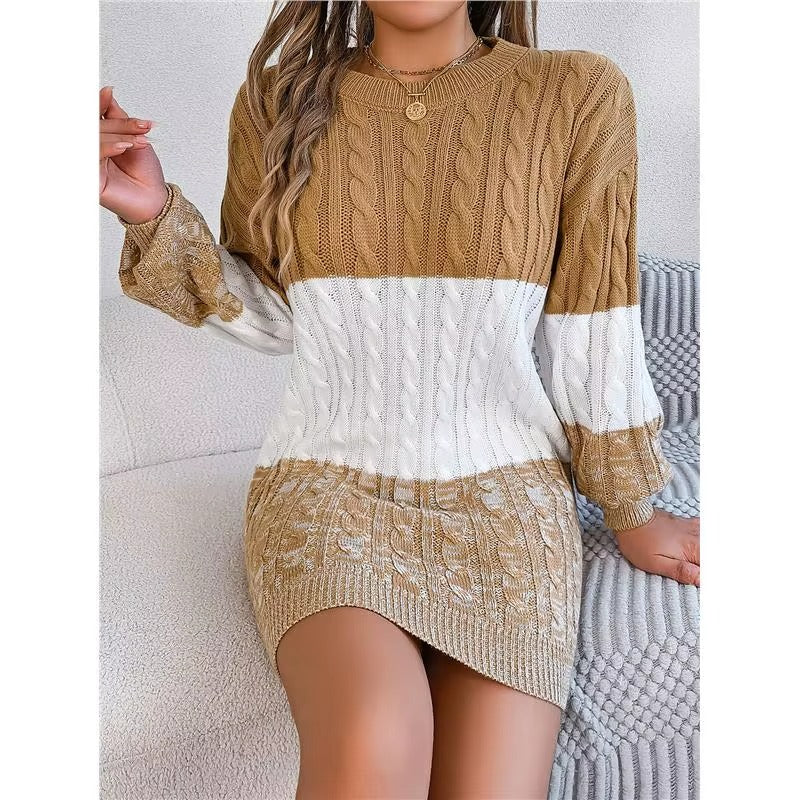 Woman Lantern Sleeve Casual Color Block Sweater Dress