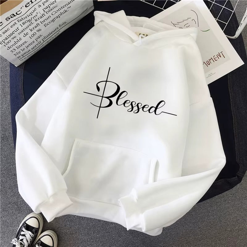 Women's Casual Hoodie with Blessed Letter Print