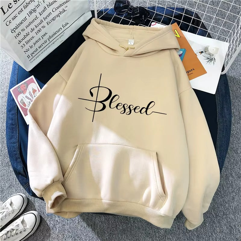Women's Casual Hoodie with Blessed Letter Print
