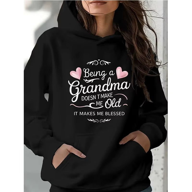Cozy Grandma Blessed Hoodie: Gothic Letter Print for Women
