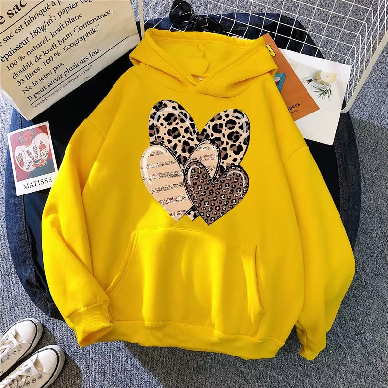 Women's Leopard and Glitter Heart Graphic Print Hoodie