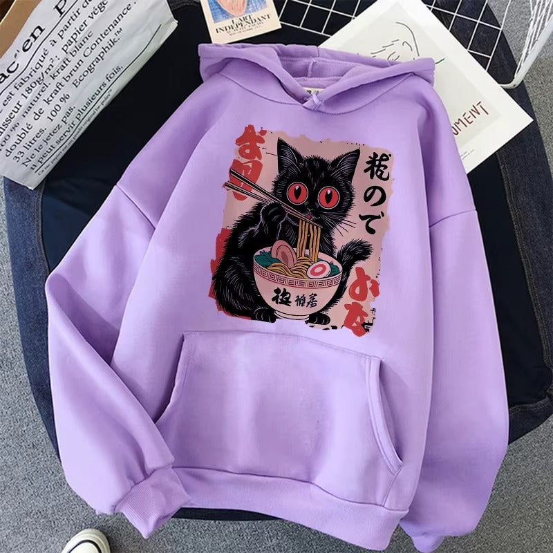 Vintage Japanese Black Cat Eating Ramen Hoodie