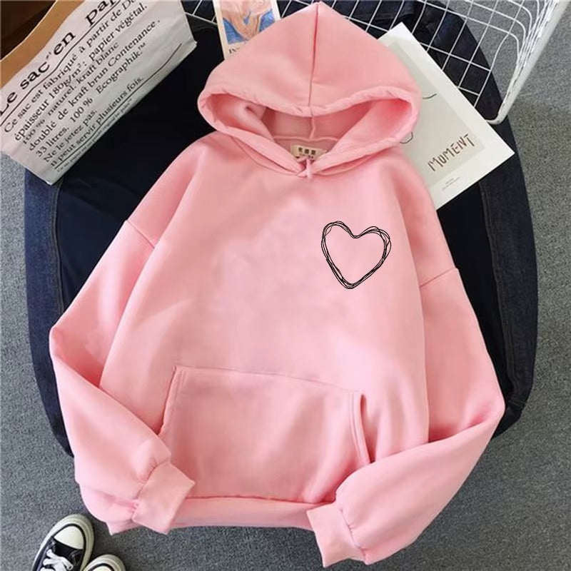 Women's Casual Hoodie with Kangaroo Pocket & Simple Heart Print