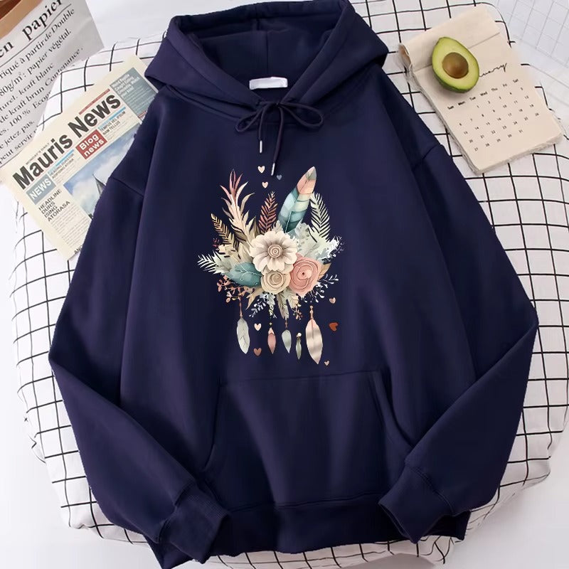 Women's Art Flower & Feather Print Hoodie