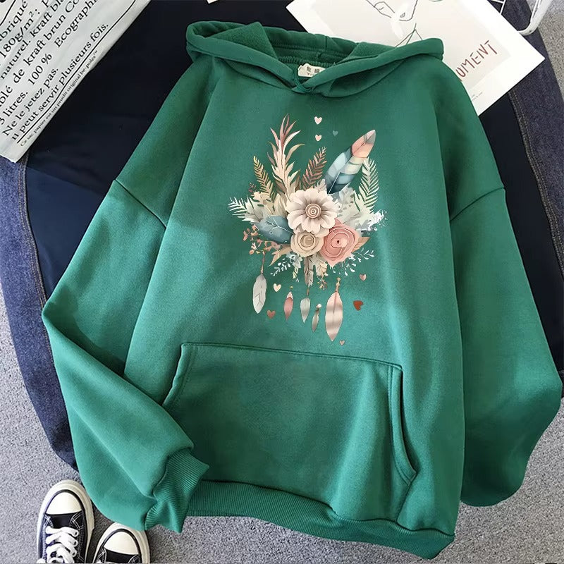 Women's Art Flower & Feather Print Hoodie