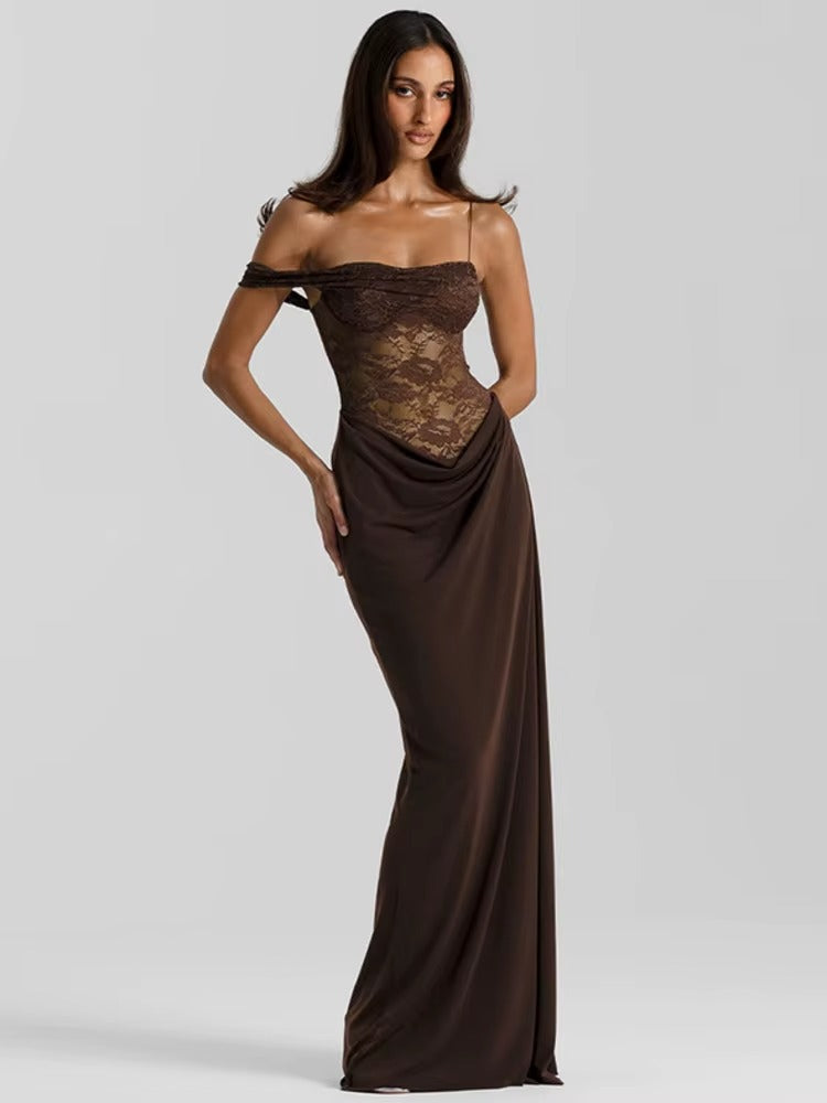 Joanna One Shoulder Lace See Through Sexy Maxi Dress