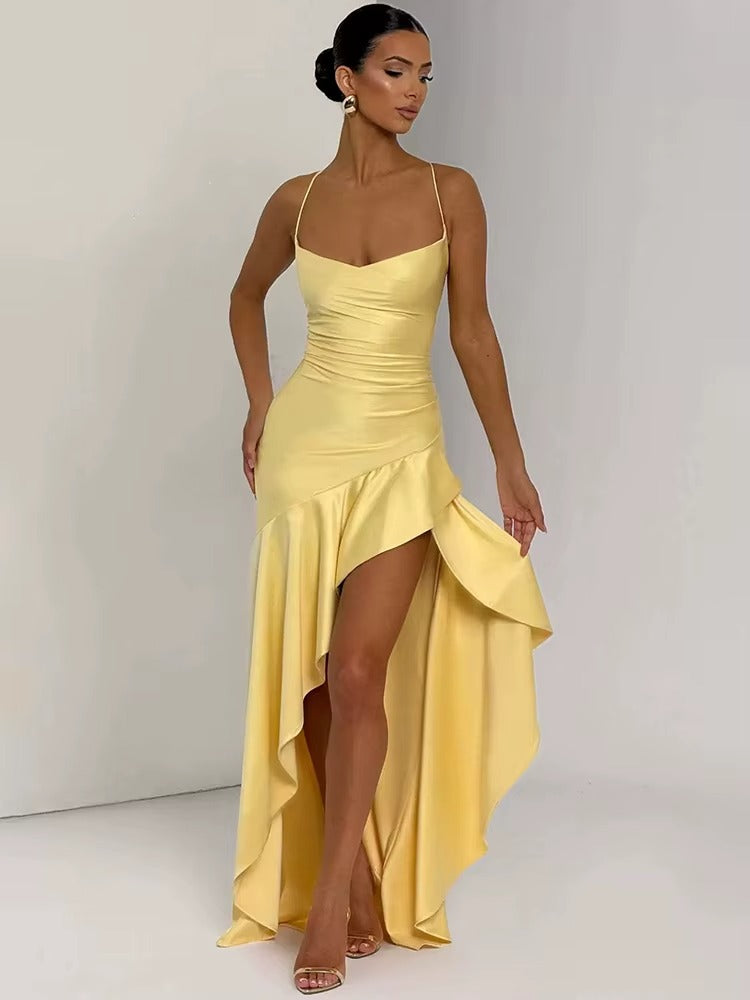 Satin Spaghetti Strap Ruffle Sexy Maxi Dress