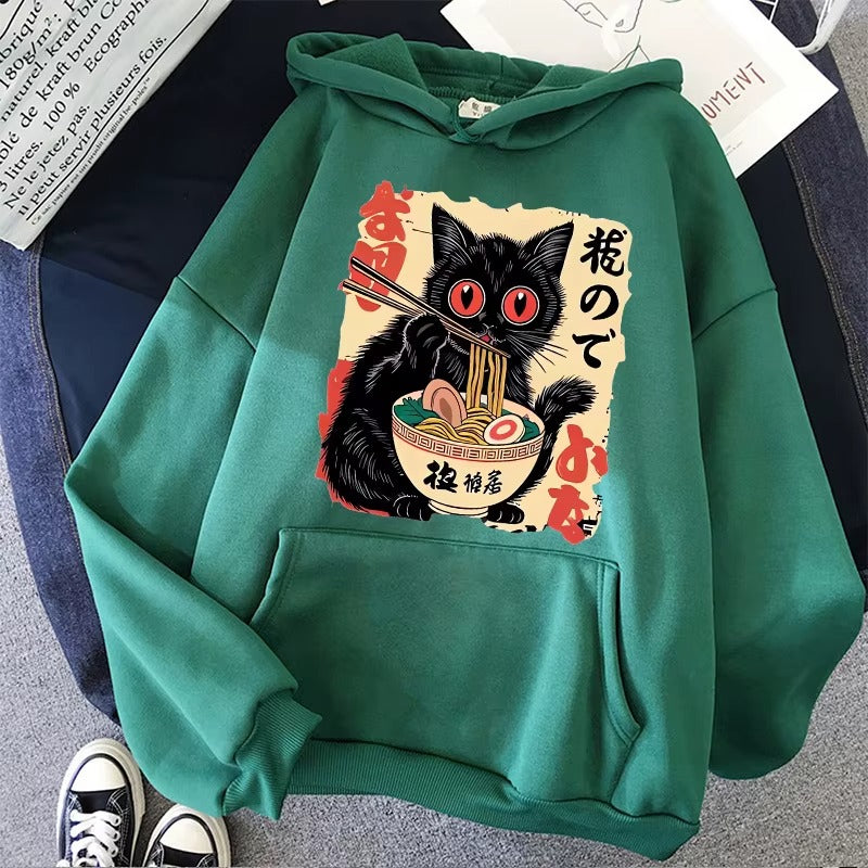 Vintage Japanese Black Cat Eating Ramen Hoodie