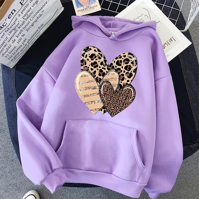 Women's Leopard and Glitter Heart Graphic Print Hoodie