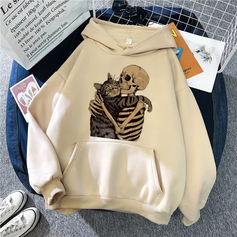 Cozy Fall Hoodie with Funky Skull and Cat Print