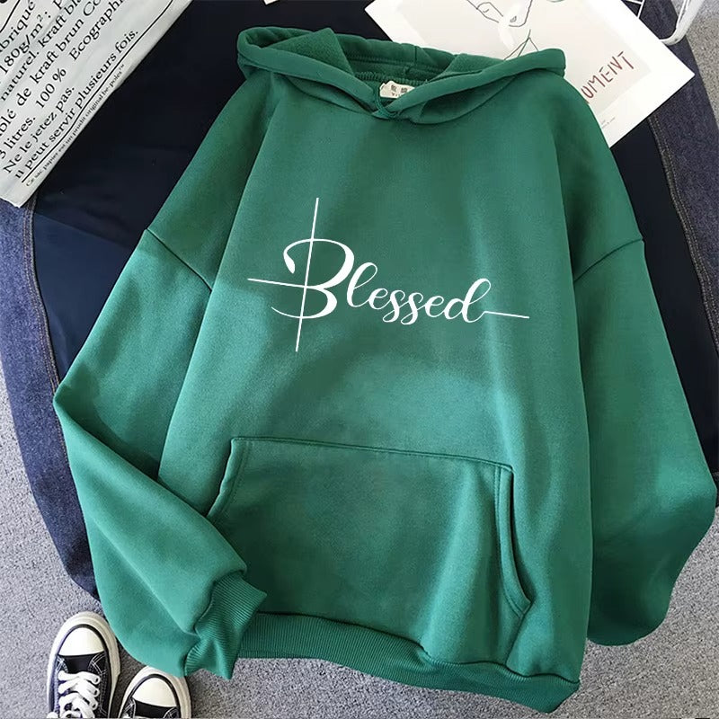 Women's Casual Hoodie with Blessed Letter Print