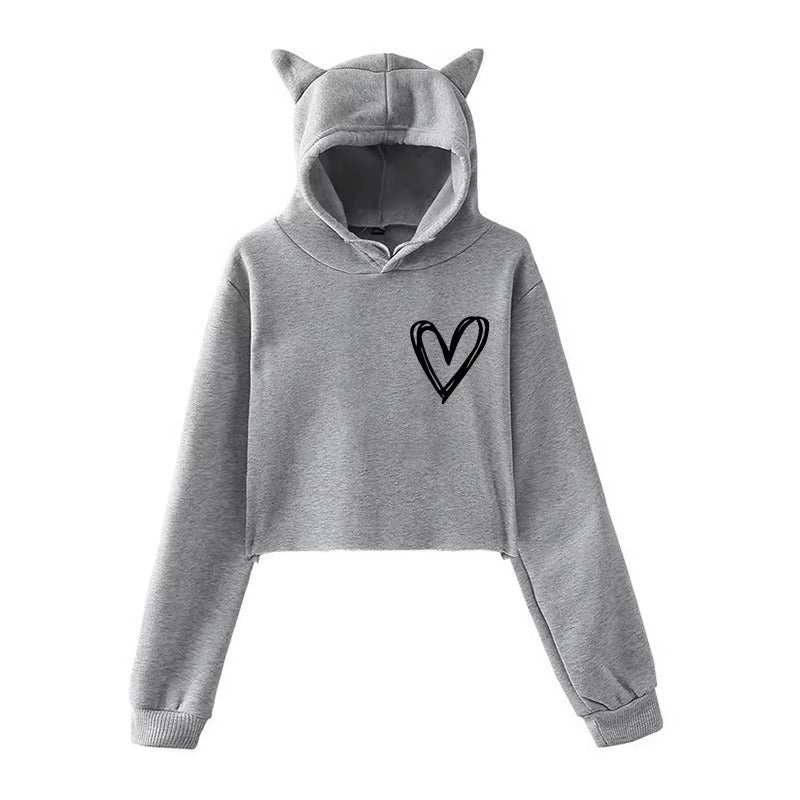Cat Ear Cropped Hoodie with Cute Heart Print
