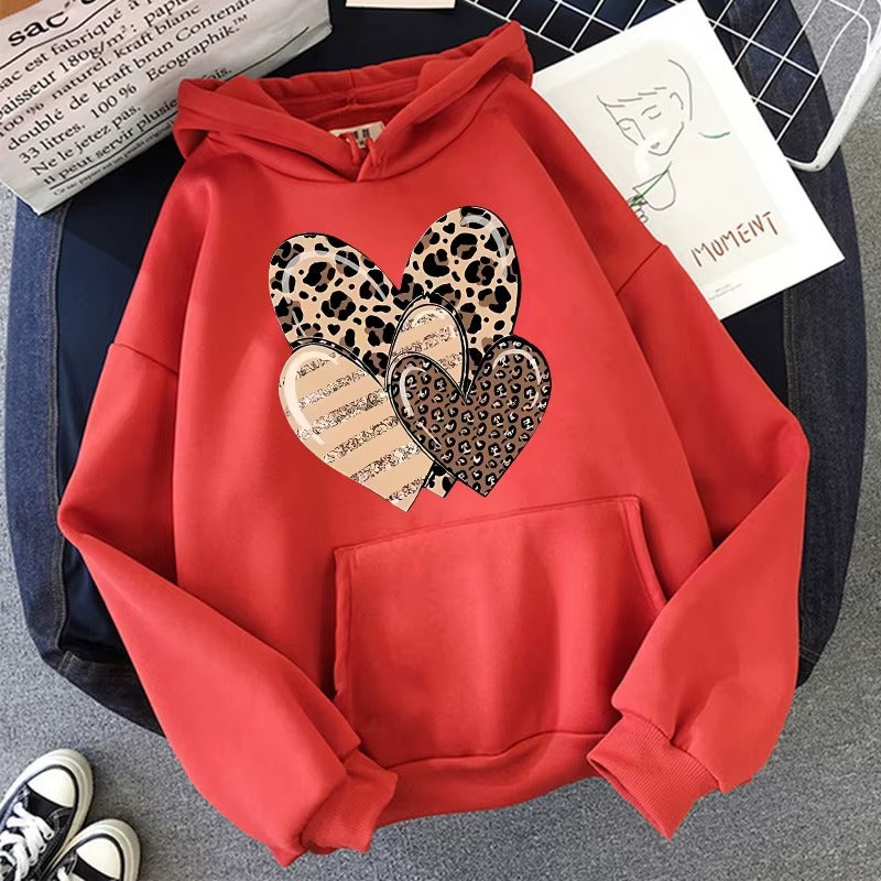 Women's Leopard and Glitter Heart Graphic Print Hoodie