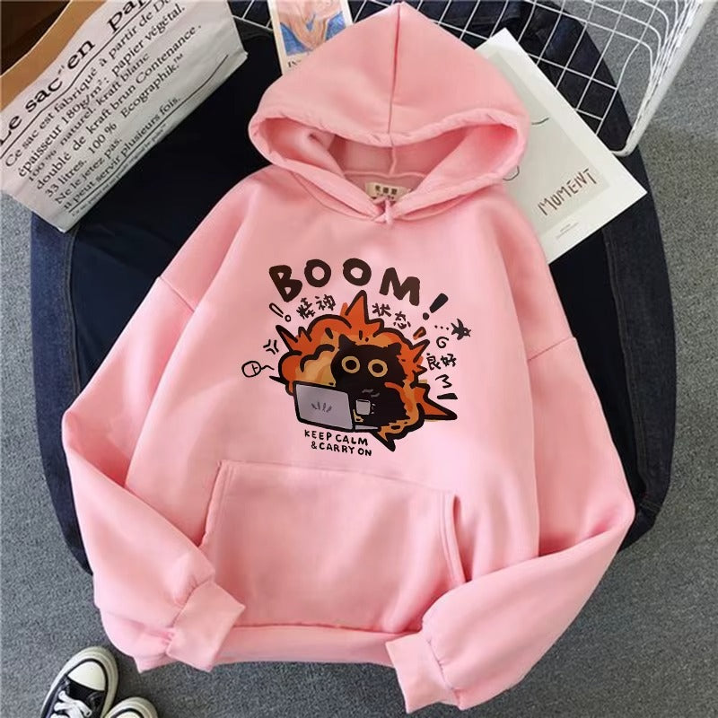 Funny Cat Print Pocket Hoodie