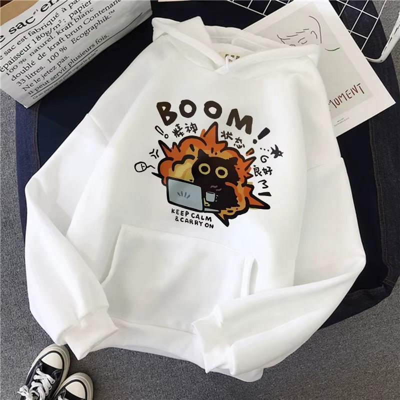 Funny Cat Print Pocket Hoodie