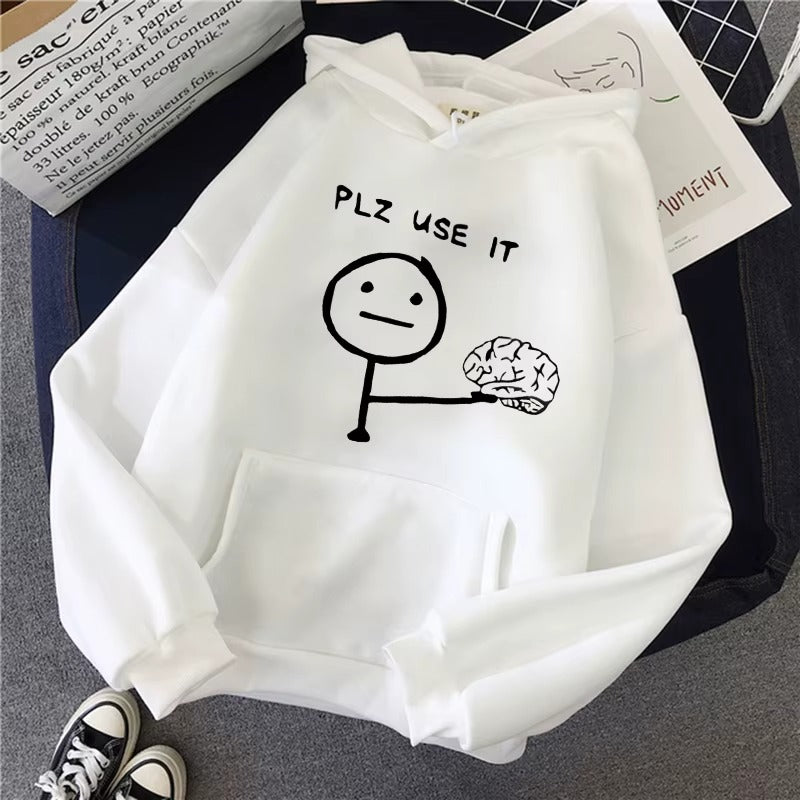 Casual Unisex Hoodie with "PLZ USE IT" Print