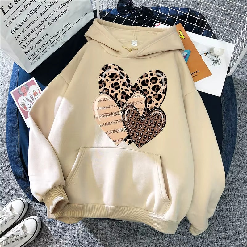 Women's Leopard and Glitter Heart Graphic Print Hoodie