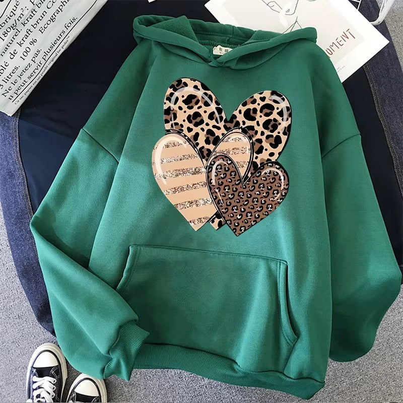 Women's Leopard and Glitter Heart Graphic Print Hoodie