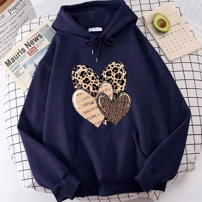 Women's Leopard and Glitter Heart Graphic Print Hoodie